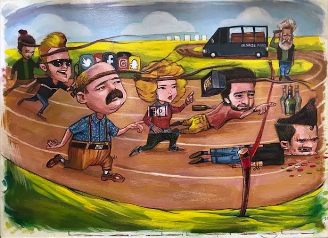 Mustafa Bardakçıoğlu — geleneksel illüstrasyon — atletizm pistinde koşan karikatür topluluğu