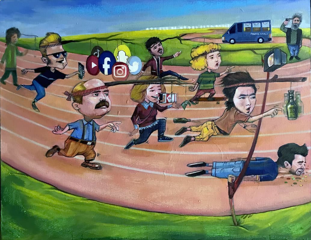 Mustafa Bardakçıoğlu — geleneksel illüstrasyon — mavi gökyüzü altında koşan karikatür figürleri