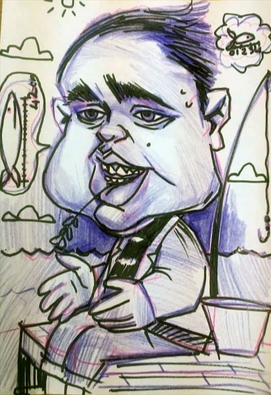 Mustafa Bardakçıoğlu — mürekkep karikatür — sandalda oltayla balık tutan iri başlı adam