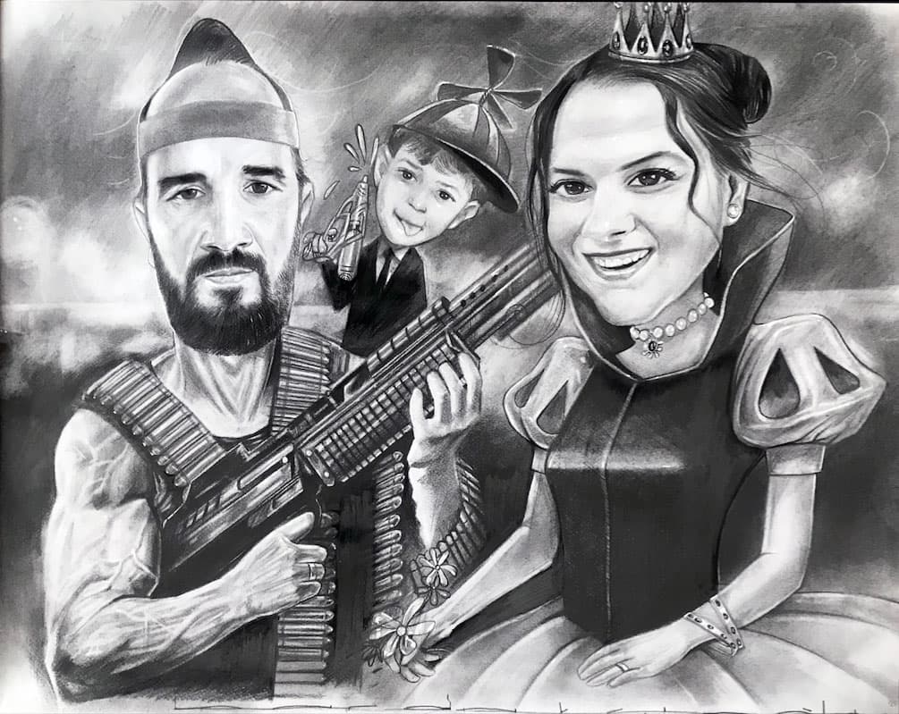 Mustafa Bardakçıoğlu — geleneksel illüstrasyon — silahlı baba, taçlı anne ve çocuktan oluşan mizahi aile karikatürü