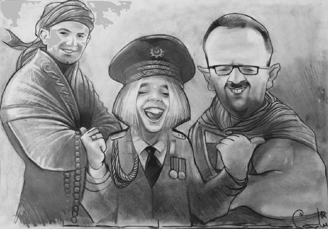 Mustafa Bardakçıoğlu — karışık teknik illüstrasyon — gülümseyen üç kişilik grup karikatürü