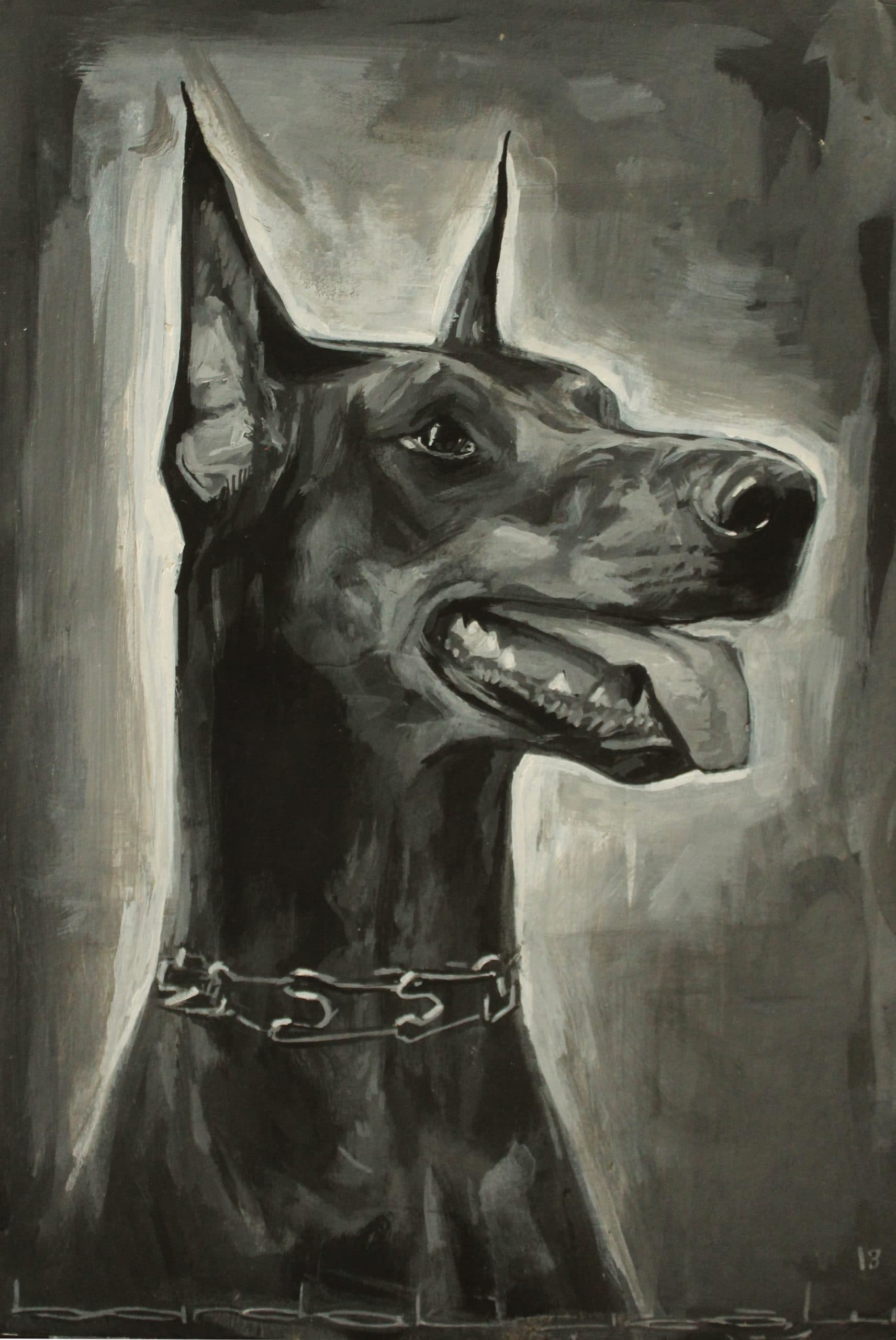Mustafa Bardakçıoğlu — karışık teknik illüstrasyon — zincir tasmalı doberman köpeğinin profil portresi