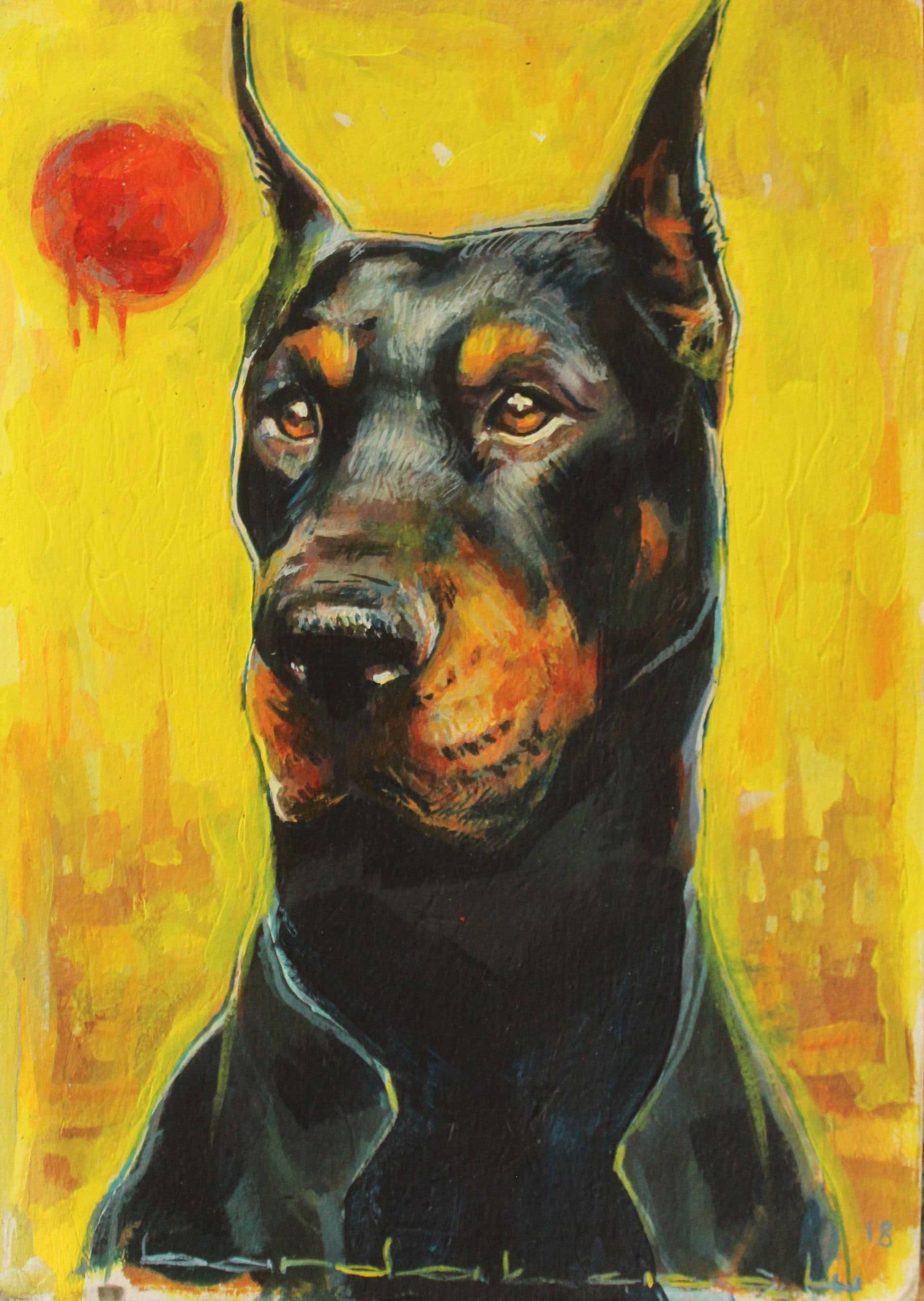Mustafa Bardakçıoğlu — karışık teknik illüstrasyon — sarı zeminde kırmızı güneşli renkli doberman portresi