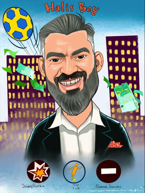 Mustafa Bardakçıoğlu — Dijital illüstrasyon — Futbol ve para temalı sakallı karikatür portre