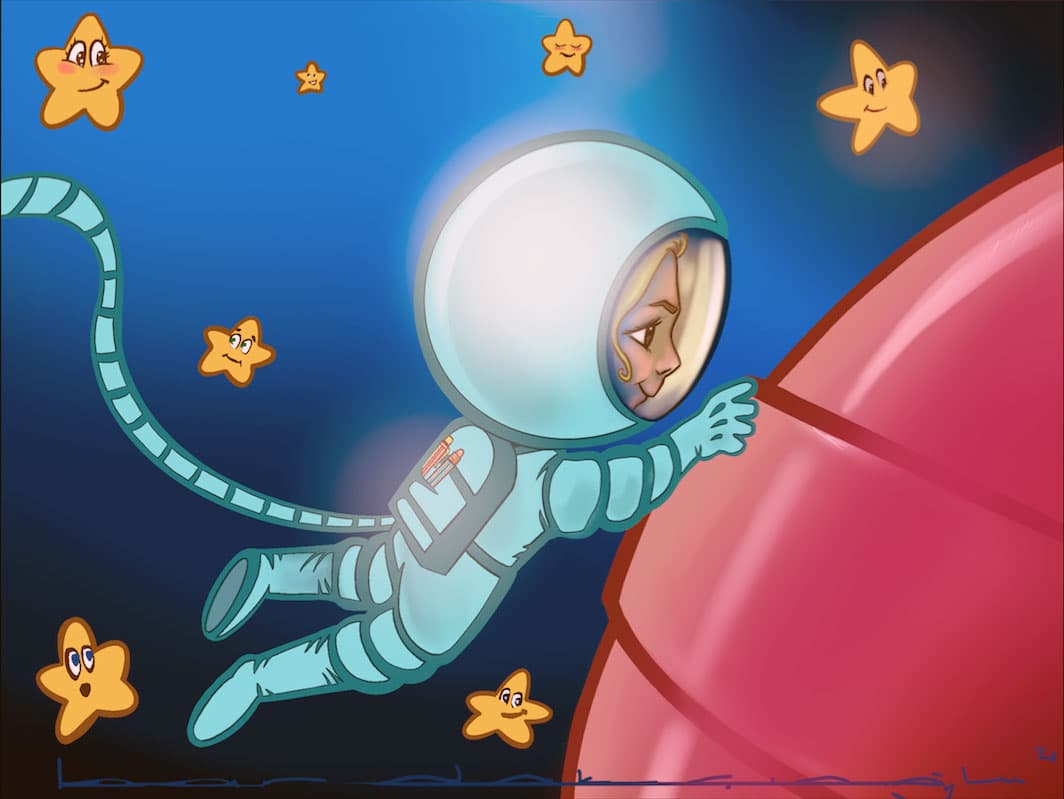 Mustafa Bardakçıoğlu — dijital illüstrasyon — kırmızı gezegene uzanan astronot kız