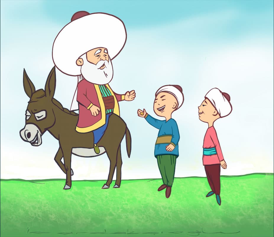 Mustafa Bardakçıoğlu — dijital illüstrasyon — eşeğine binmiş Nasreddin Hoca ve iki çocuk