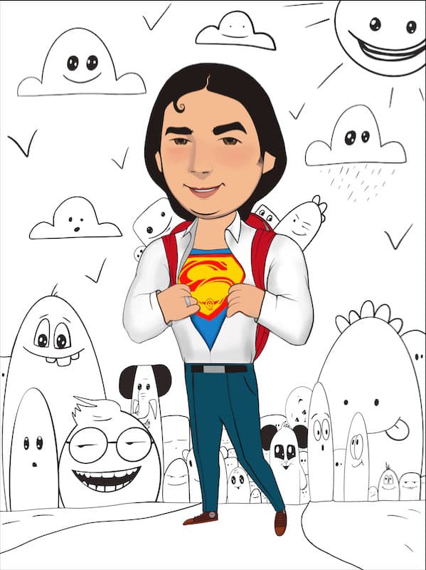 Mustafa Bardakçıoğlu — dijital illüstrasyon — doodle canavarlar arasında süpermen öğretmen