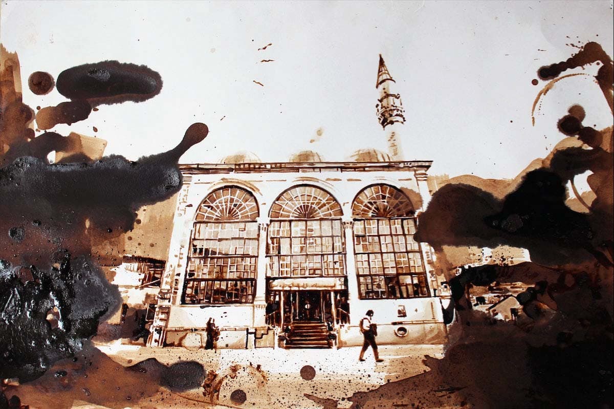 Mustafa Bardakçıoğlu — kahveyle resim — üç kemerli Osmanlı camii cephesi