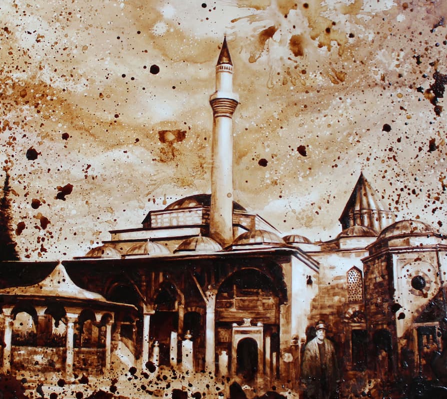 Mustafa Bardakçıoğlu — kahveyle resim — Konya Mevlâna Dergâhı ve minaresi