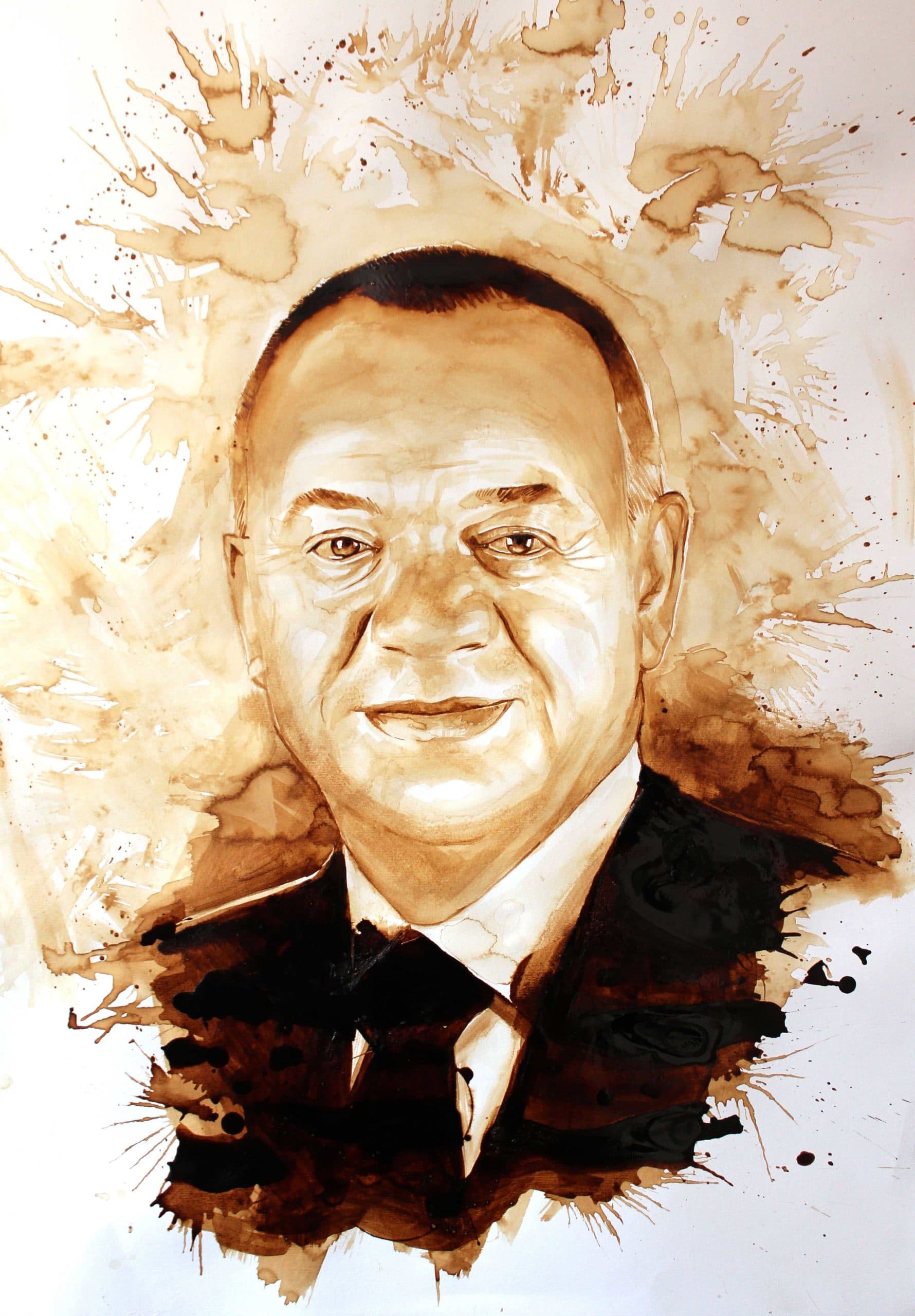 Mustafa Bardakçıoğlu — kahveyle resim — gülümseyen takım elbiseli adam portresi