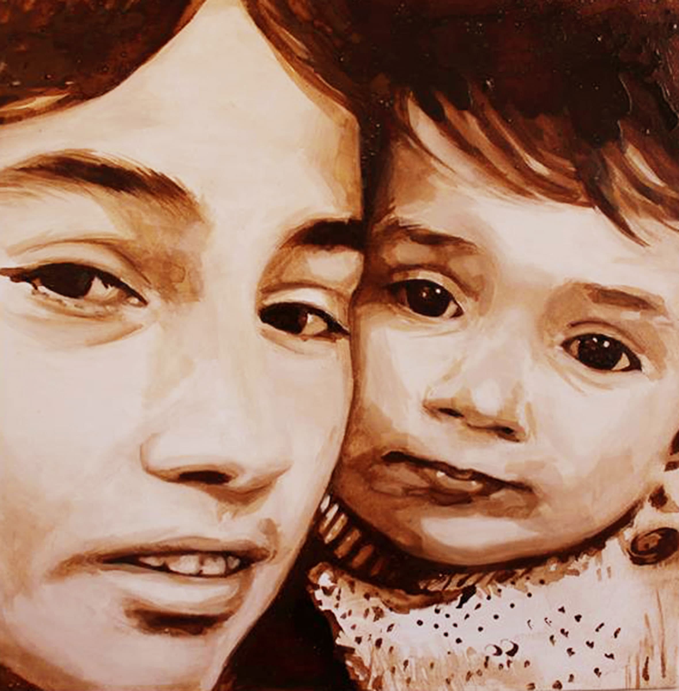 Mustafa Bardakçıoğlu — kahve ile resim — anne ve çocuk yakın portresi