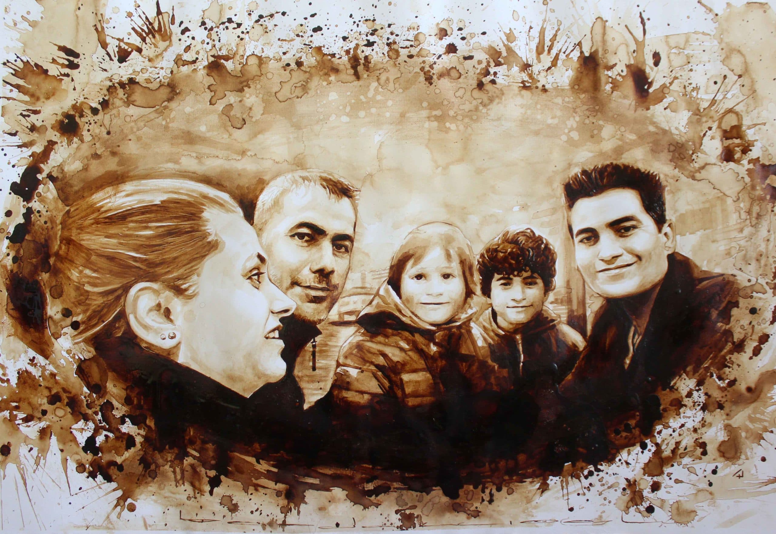 Mustafa Bardakçıoğlu — kahve resmi — beş kişilik aile grup portresi