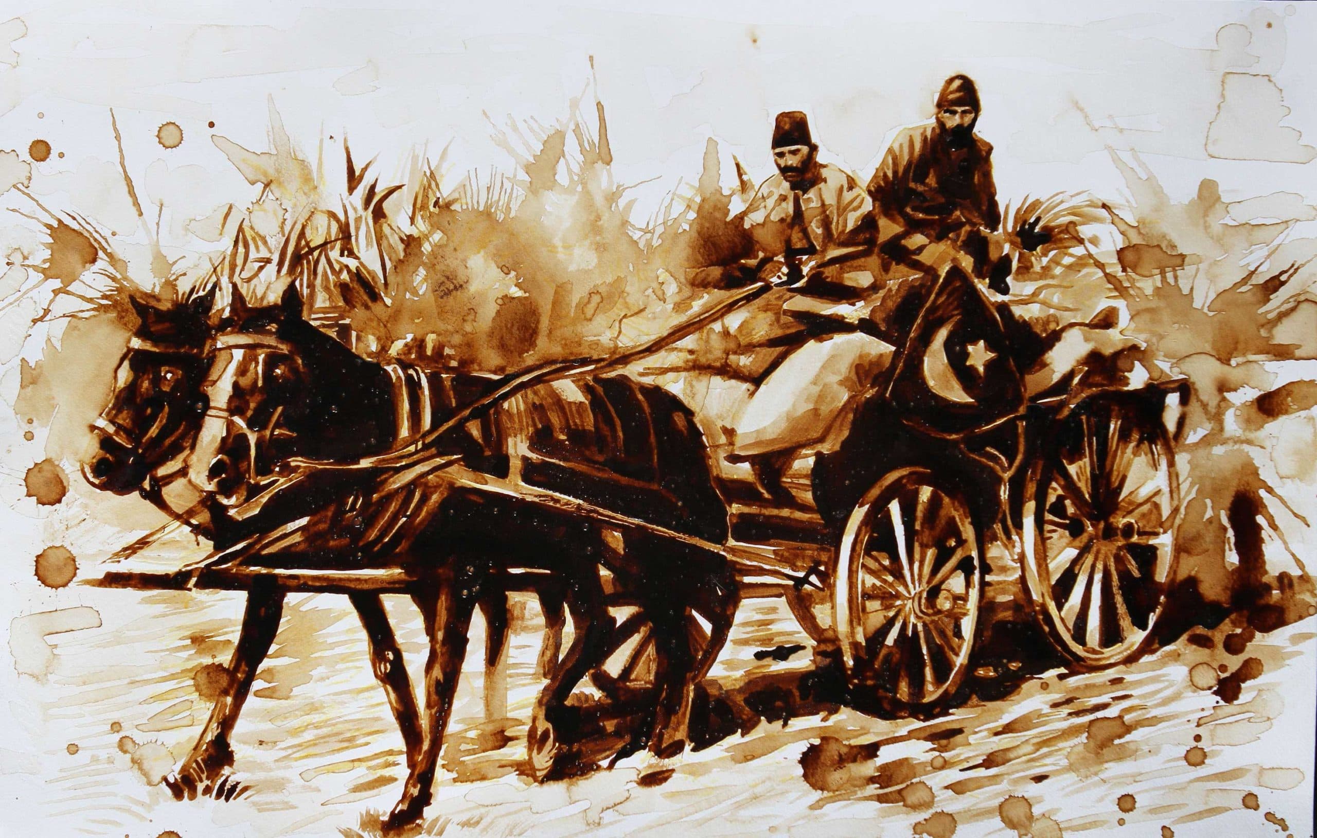 Mustafa Bardakçıoğlu — kahve resmi — at arabası ve sancaklı tarihî sahne