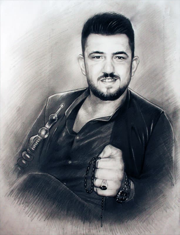 Mustafa Bardakçıoğlu — karakalem — tesbihli genç erkek portresi