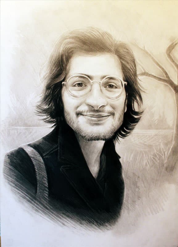 Mustafa Bardakçıoğlu — karakalem — gözlüklü uzun saçlı genç adam portresi