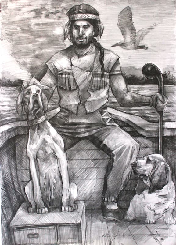 Mustafa Bardakçıoğlu — karakalem — köpekleriyle sandaldaki avcı