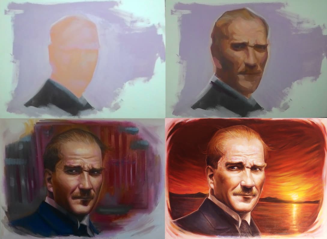 Mustafa Bardakçıoğlu — atölye süreci — bir Atatürk portresinin dört aşamalı yapımı