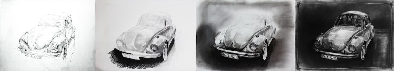 Mustafa Bardakçıoğlu — karakalem yapım aşaması — klasik Volkswagen Beetle otomobili