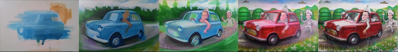 Mustafa Bardakçıoğlu — yağlı boya yapım aşaması — kırmızı klasik Mini otomobili ve figürler