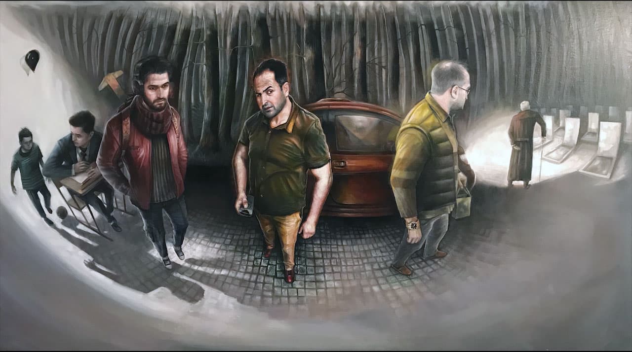 Mustafa Bardakçıoğlu — yağlı boya — kentte yürüyen üç erkek figürü