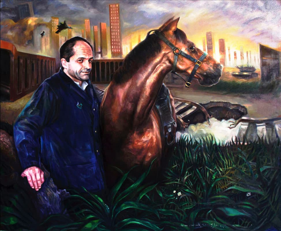Mustafa Bardakçıoğlu — yağlı boya — yanan şehir önünde at ve mavi montlu adam