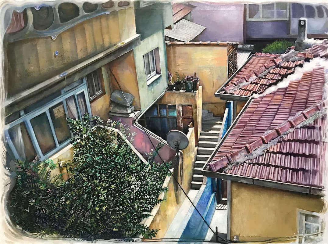 Mustafa Bardakçıoğlu — yağlı boya — eski mahalle avlusu eskizi