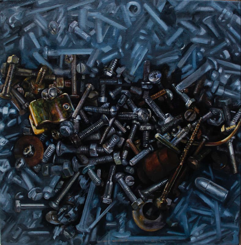 Mustafa Bardakçıoğlu — yağlı boya — dağınık metal hırdavat natürmortu