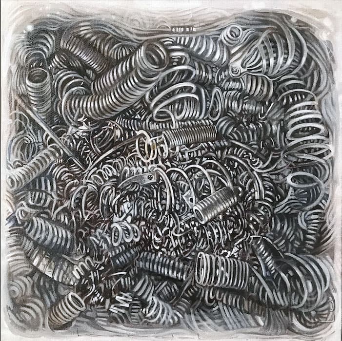 Mustafa Bardakçıoğlu — yağlı boya — iç içe geçmiş metal yaylar