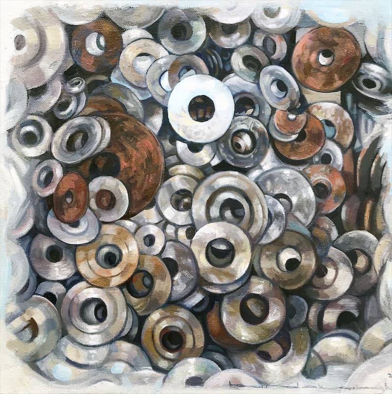 Mustafa Bardakçıoğlu — yağlı boya — üst üste yığılmış metal pullar