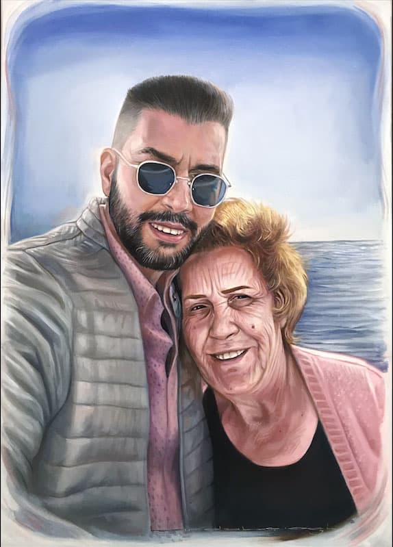 Mustafa Bardakçıoğlu — yağlı boya — deniz kenarında anne ve oğul portresi