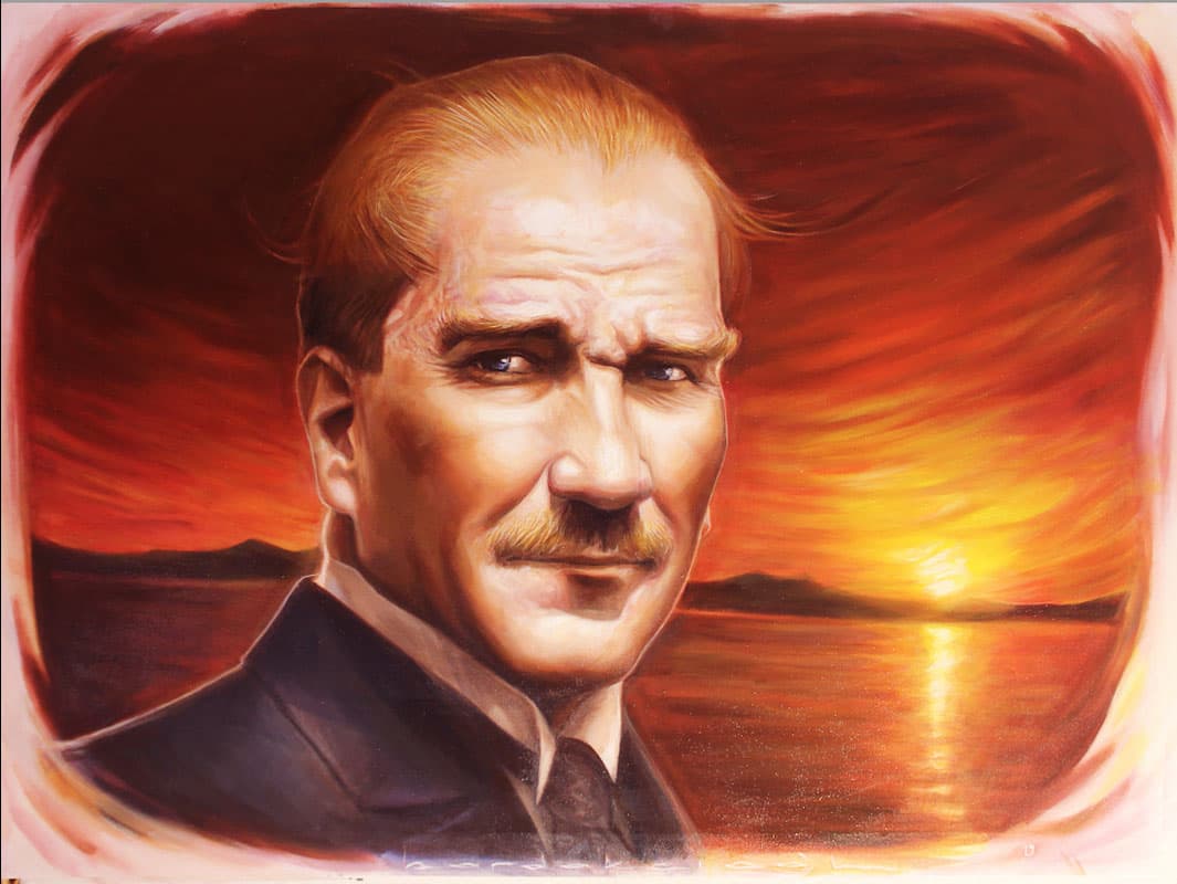 Mustafa Bardakçıoğlu — yağlı boya — gün batımı önünde Atatürk portresi
