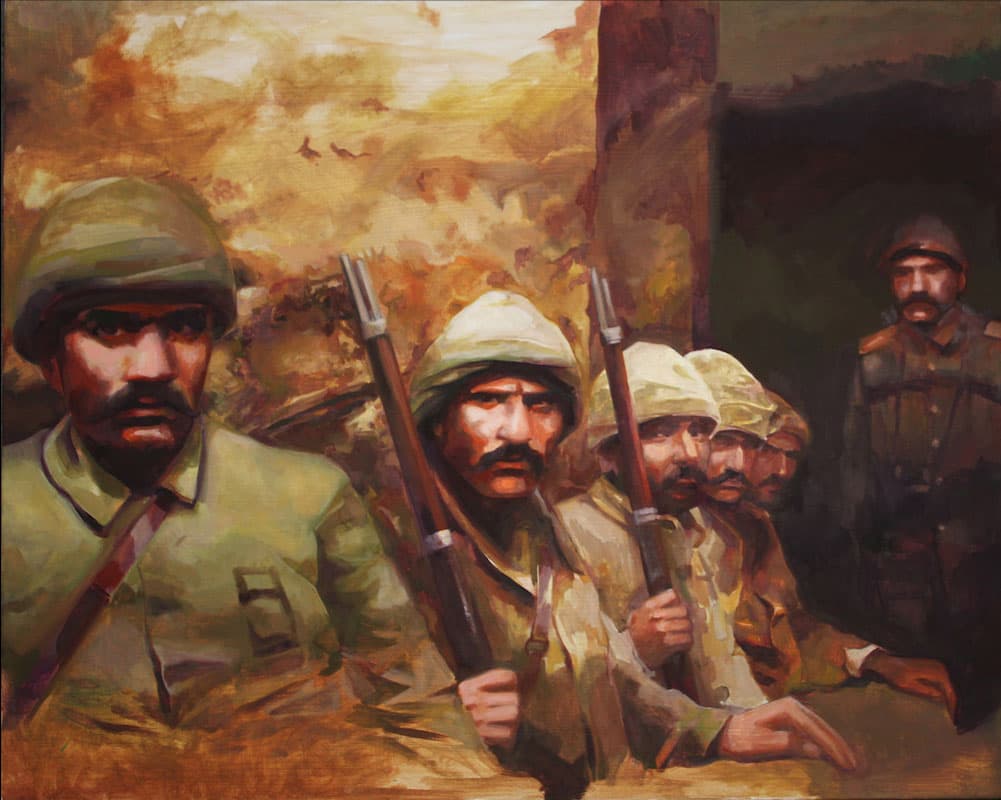Mustafa Bardakçıoğlu — tuval üzerine yağlı boya — siperdeki askerler