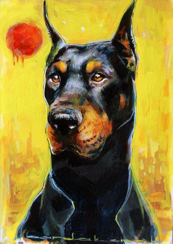 Mustafa Bardakçıoğlu — yağlı boya — sarı zeminde Doberman portresi